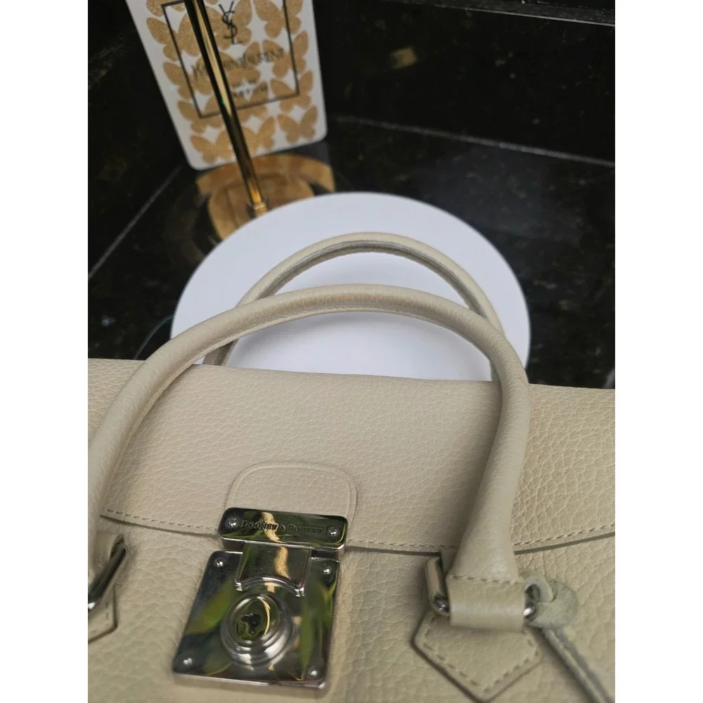 Dooney & Bourke Large Flap Satchel Cream Pebbled Leather Silver Lock Top Handle
